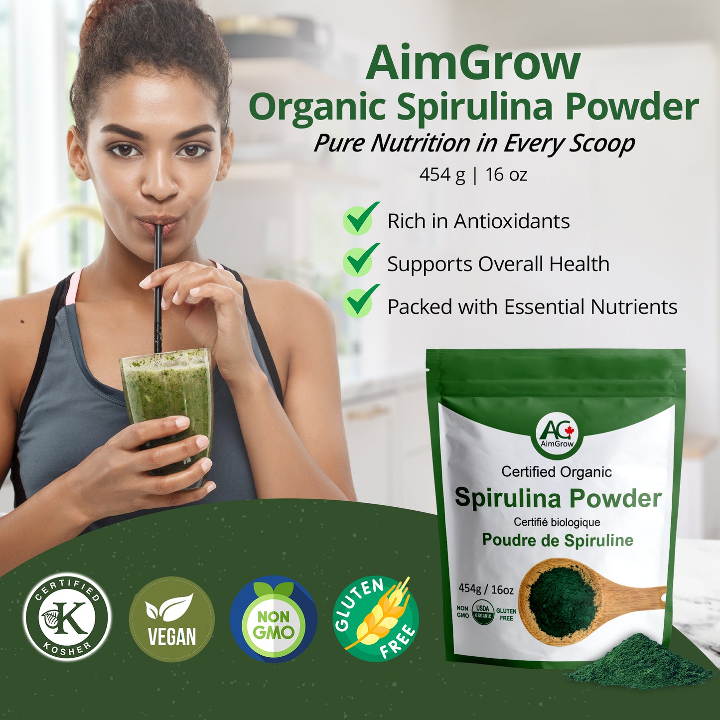 AimGrow Certificated Pure Organic Spirulina Powder (1LB)