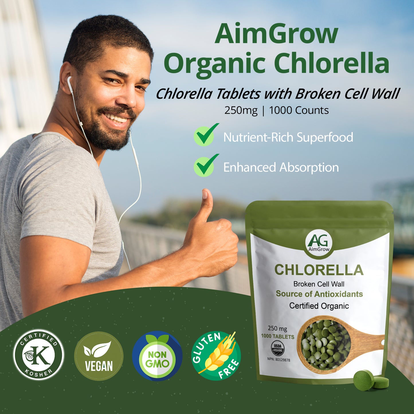 AimGrow Organic Chlorella (Broken Cell Wall), 250mg, 1000 Counts