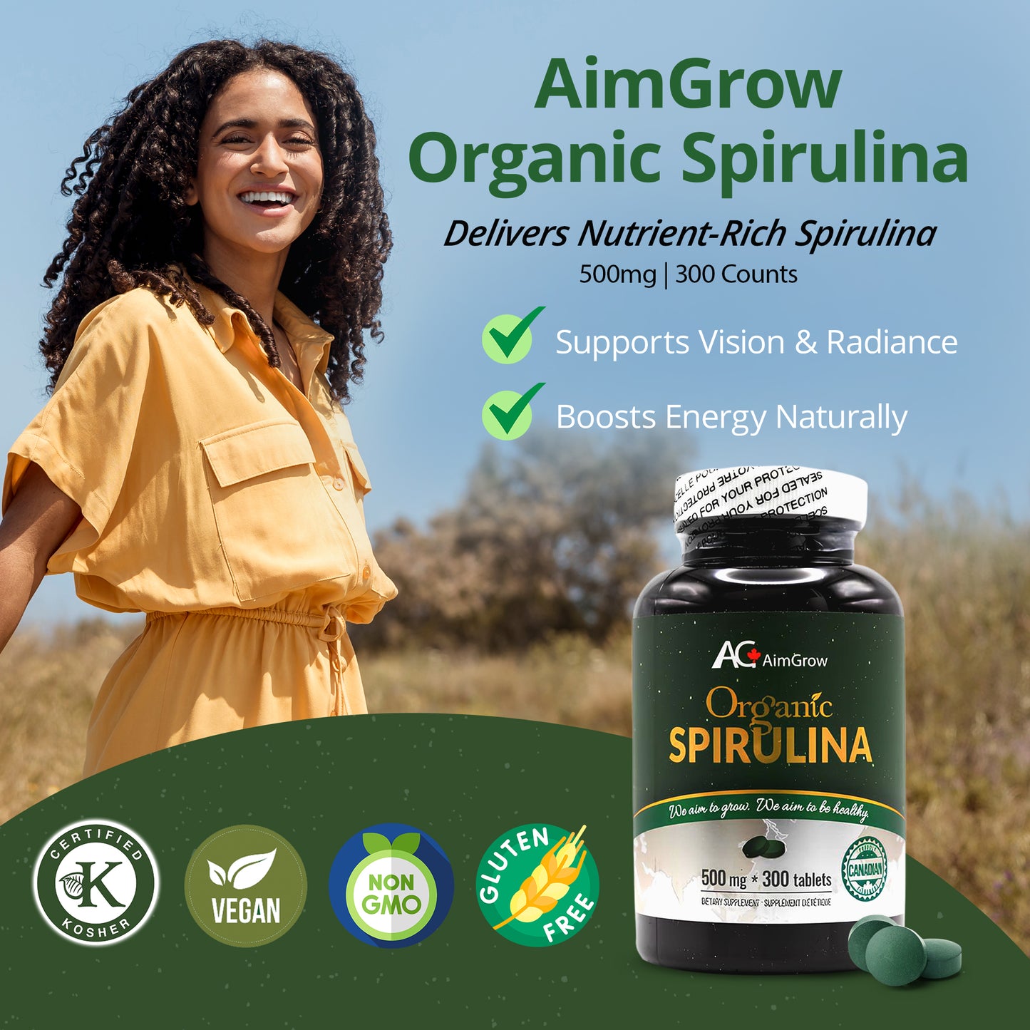 Aimgrow Organic Spirulina Tablets 500mg 300 Tablets Canada