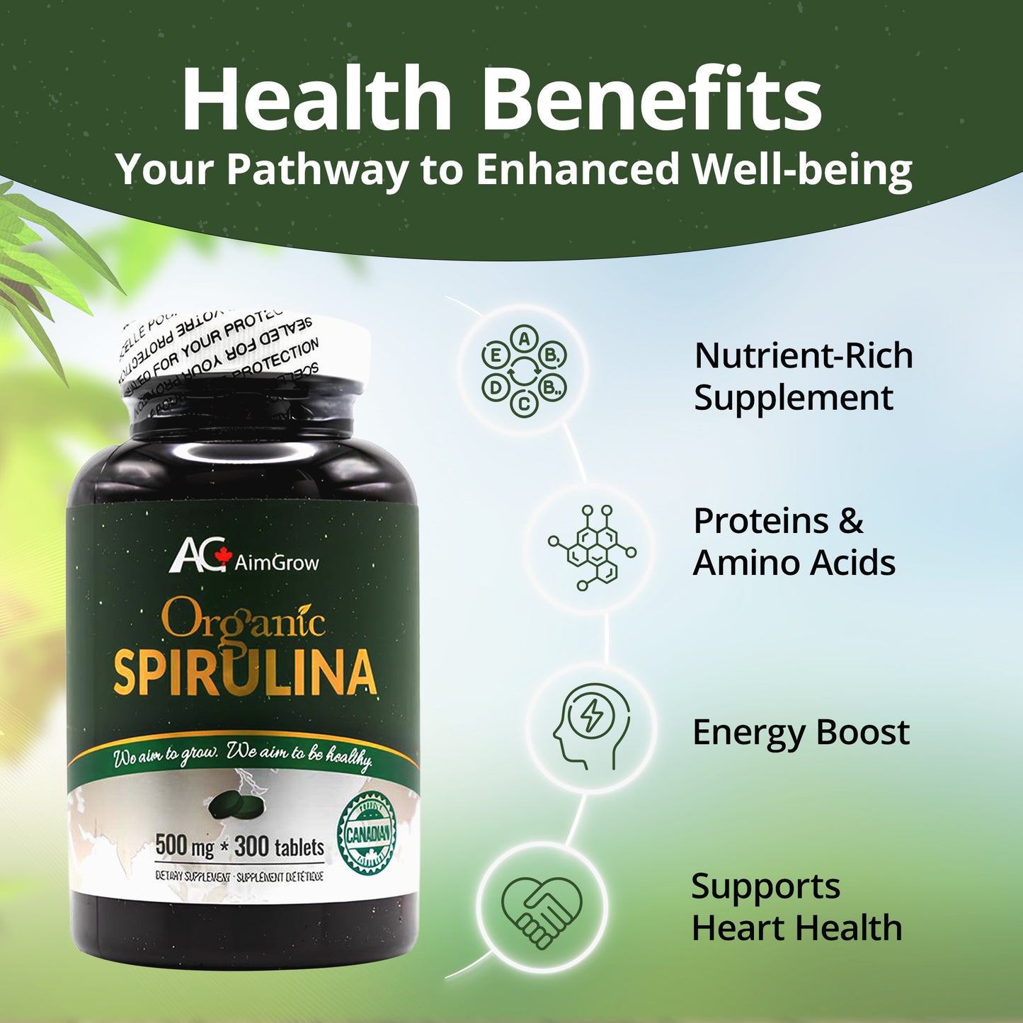 Aimgrow Organic Spirulina Tablets 500mg 300 Tablets Canada