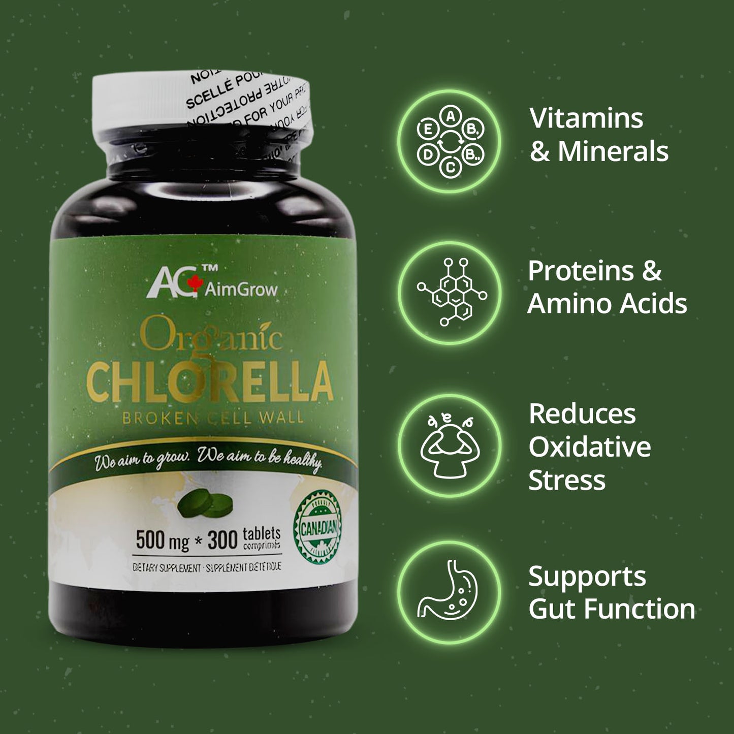 AimGrow Organic Chlorella Broken Cell Wall 500mg 300 Counts